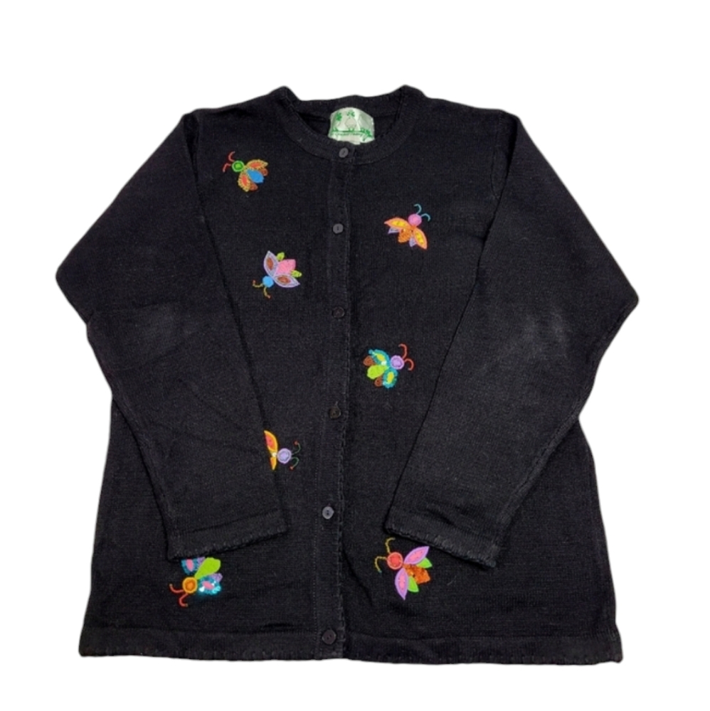 Vintage Quacker Factory Black Beaded Sequin Bumble Bee Cardigan Sweater Large